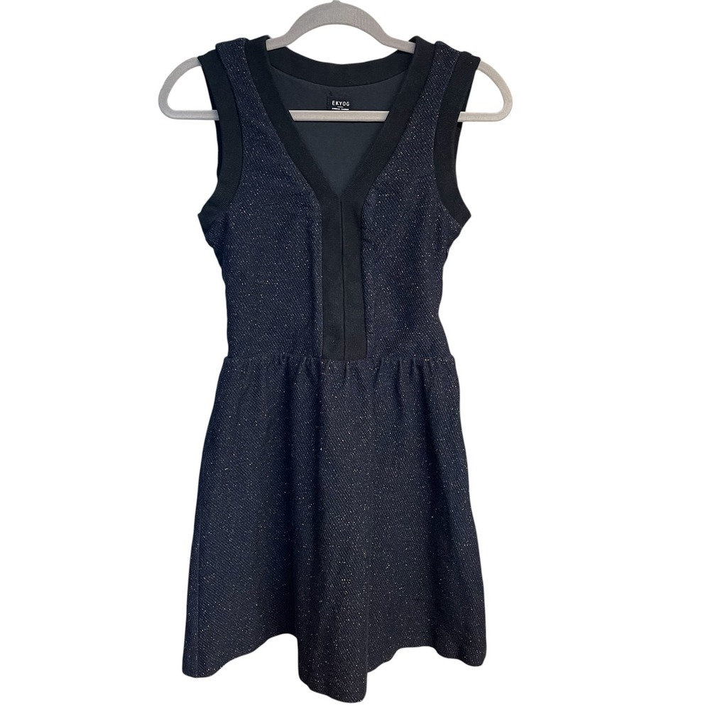 Ekyog Womens Black Metallic Shimmer V-Neck Sleeveless Fit‎ Flare Dress Size 36/4